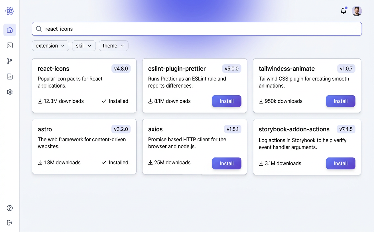 Package manager with search results and install buttons