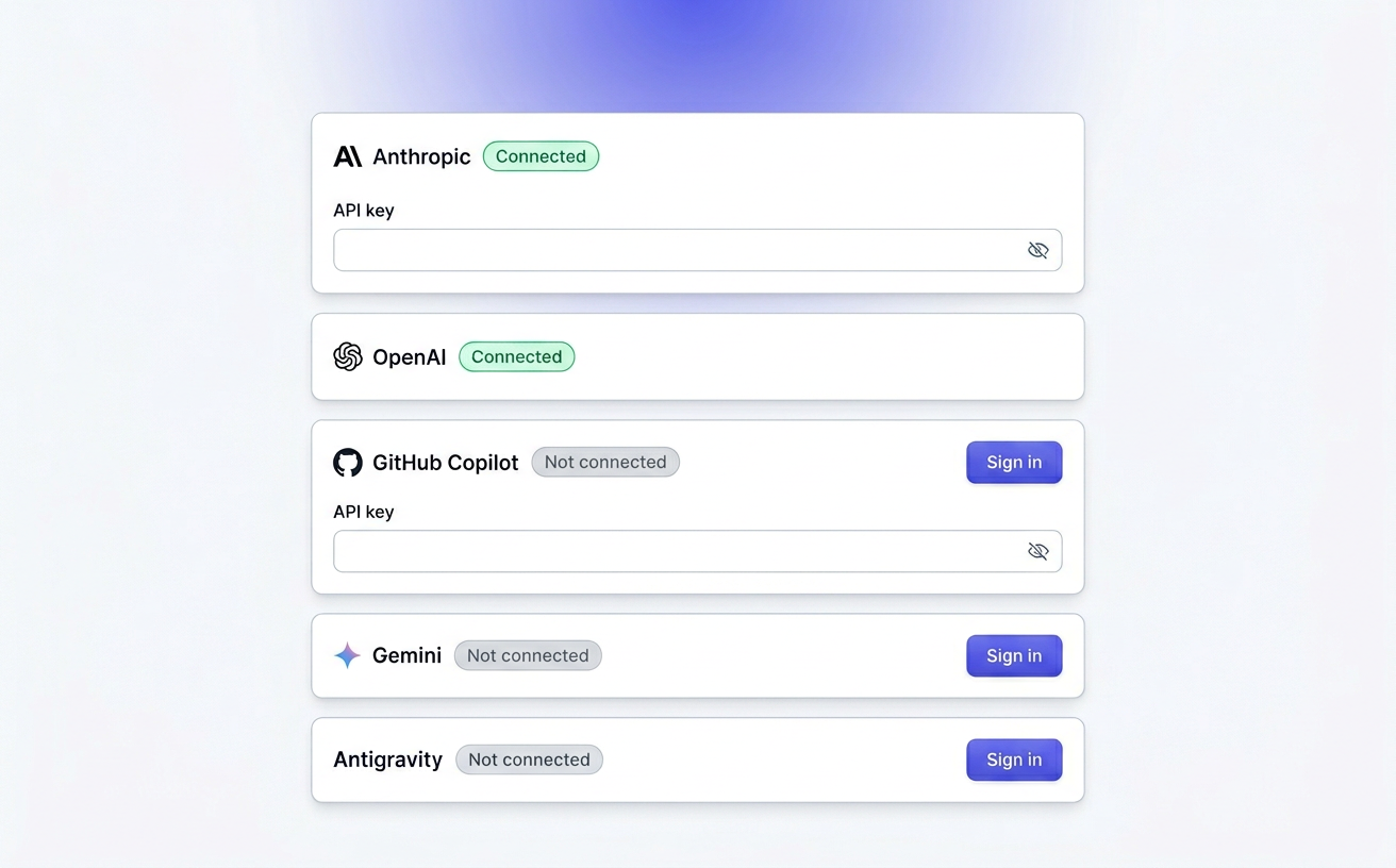Provider authentication panel in settings