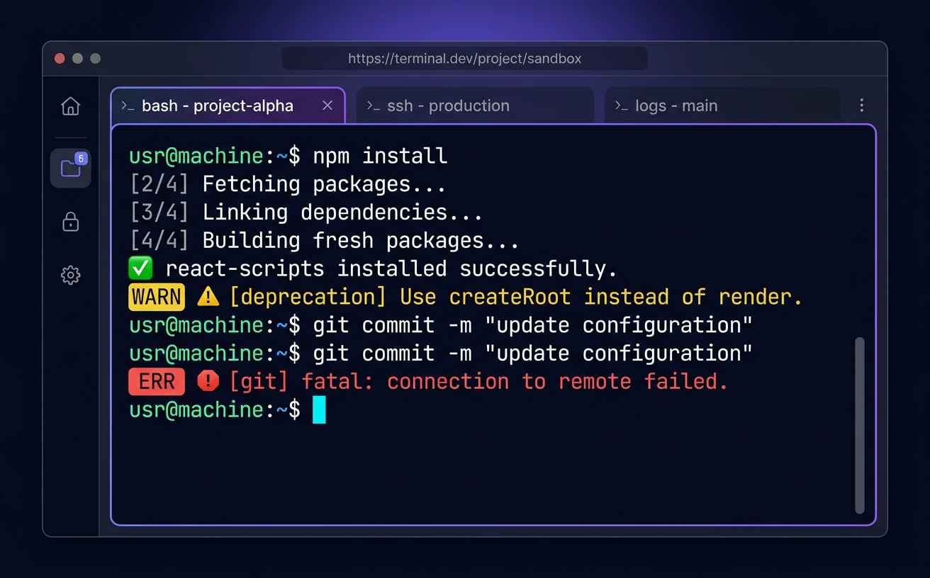 Integrated browser-based terminal with colorful output